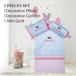 Personalized Baby Crib Bedding Set: Embroidered Cotton Quilt, Pillow & Cushion