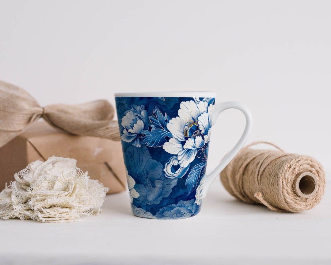 Chinese Blue Pottery Style Mug, Blue Floral Pattern White Coffee Mug ...