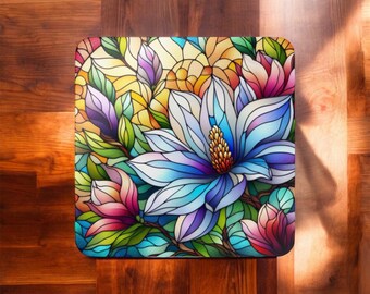 Stained Glass Floral Coaster Set: Vibrant Corkwood Drink Coasters