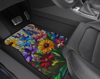 Stained Glass Floral Car Mats: Vibrant Colorful Design - 4-Piece Set