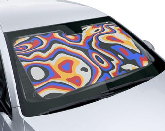 Retro Psychedelic Abstract Car Sunshade - Groovy Trippy Windshield Cover - Heat Blocking Funky Car Accessory