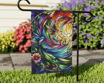 Stained Glass Hummingbird Garden Flag - Vibrant Artistic Outdoor Decor - Colorful Nature Yard Flag