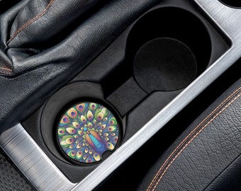 Peacock Feather Car Coaster - Colorful Soapstone Vehicle Accessory - Artistic Car Interior Decor