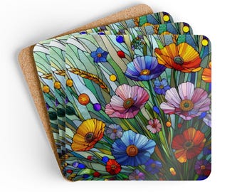 Stained Glass Wildflowers Cork Coaster Set: Floral Home Decor (4pc)