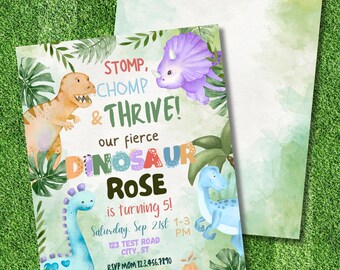 Editable Dinosaur 5th Birthday Invitation Template: Girl Dinosaur Party (Digital Download)