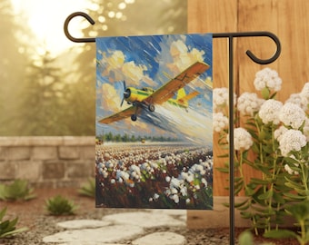 Crop Duster Garden Flag: Farmhouse Cotton Field Outdoor Decor