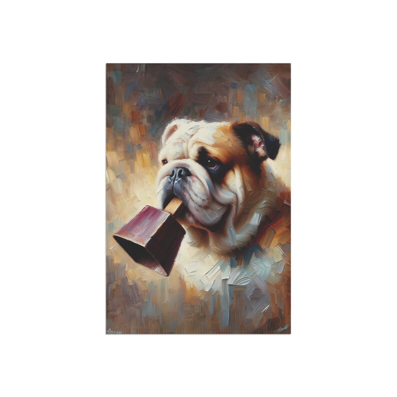 Garden flag featuring a painted portrait of a bulldog holding a maroon cowbell in its mouth, with a warm, abstract background that creates a charming and whimsical atmosphere.