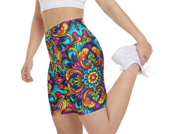 Colorful Boho Mandala Biker Shorts - High-Waisted Compression Shorts - Vibrant Festival Activewear