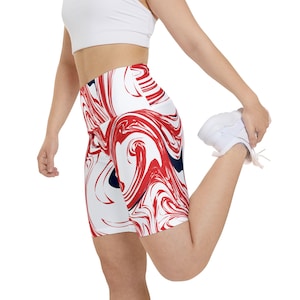 Red and Blue Swirl Biker Shorts - High-Waisted Compression Shorts for Women - Game Day Activewear for Sports Fans