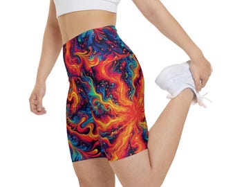 Fiery Psychedelic Biker Shorts - High-Waisted Compression Shorts - Bold Festival & Rave Activewear