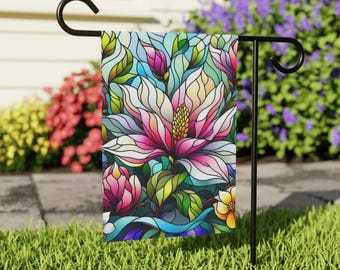 Stained Glass Floral Garden Flag - Vibrant Magnolia Bloom Design - Artistic Outdoor Yard Decor