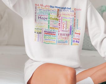 Christian Word Art Sweatshirt – Names of God Crewneck – Faith Bible Verse Sweat