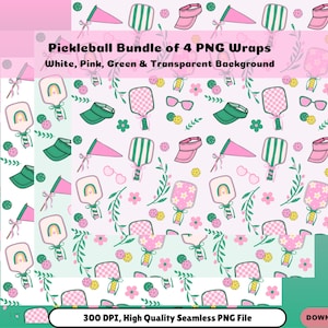 May include: A digital paper pack with four seamless patterns featuring pickleball paddles, rackets, and other sports-themed elements. The patterns are in white, pink, green, and transparent backgrounds. The text "Pickleball Bundle of 4 PNG Wraps" and "White, Pink, Green & Transparent Background" is included in the image. The text "300 DPI, High Quality Seamless PNG File" is also included in the image.