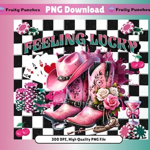 Sentirsi fortunati PNG, Cowgirl occidentale rosa, Clipart di poker, Stivali da cowgirl, Ragazza fortunata PNG, Ciliegia a scacchi retrò, Viaggio di compleanno per ragazze a Las Vegas