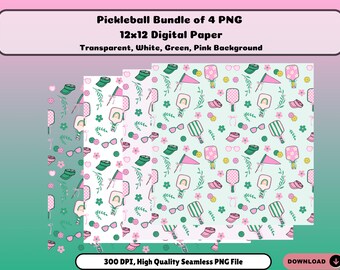 Pickleball PNG 12x12 Seamless Digital Paper Bundle, Pickleball Seamless Pattern, 4 Digital Papers, Tileable Pickleball Pattern