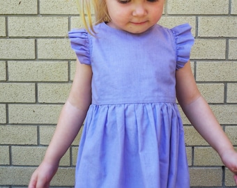 Australian Made, Size 6-9 - 9-12 Months, Purple, Sustainably Upcycled Handmade Pretty Frill Sleeve Girl's Dress refashioned from bedsheet