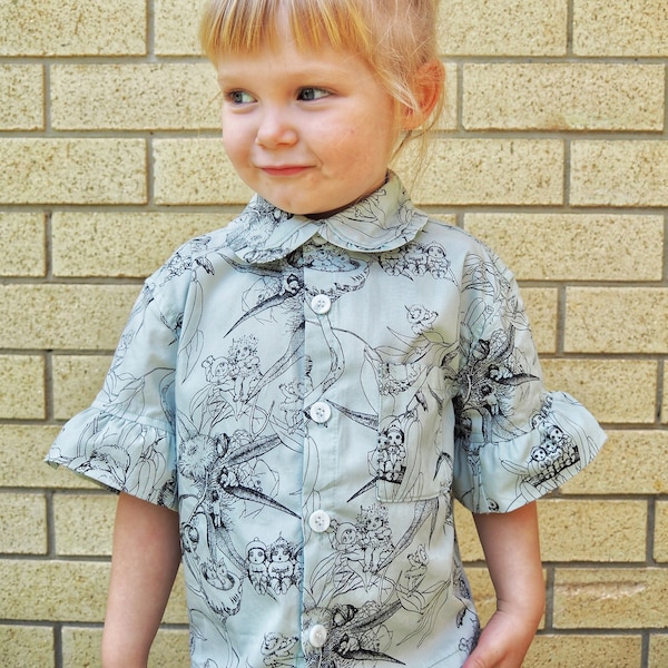 Australian Made, Size 4, May Gibbs Gumnut Babies, Sustainably Refashioned Handmade Girl's Blouse Shirt Peter Pan Collar upcycled Button Down