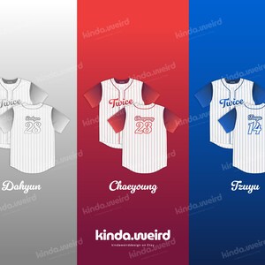 May include: Three baseball jerseys with white and blue stripes. The jerseys have the word "Twice" printed on the front, along with a number. The jerseys are labeled "Dahyun", "Chaeyoung", and "Tzuyu".