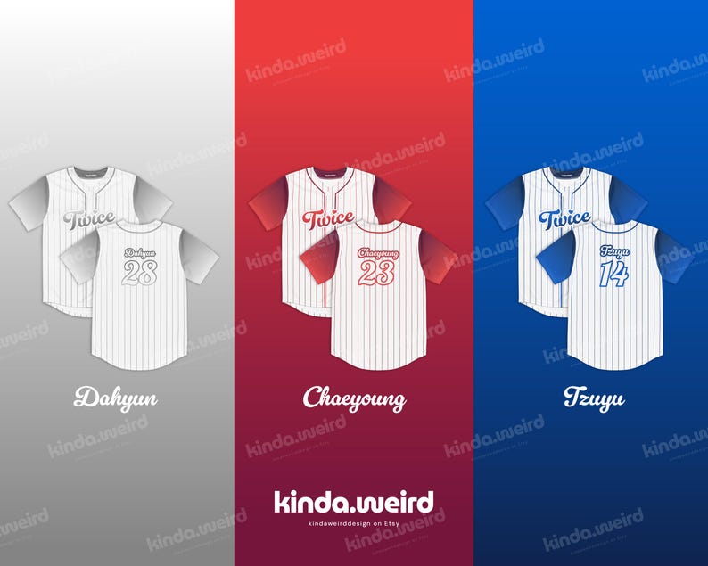 May include: Three baseball jerseys with white and blue stripes. The jerseys have the word "Twice" printed on the front, along with a number. The jerseys are labeled "Dahyun", "Chaeyoung", and "Tzuyu".