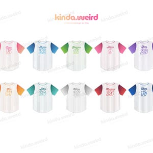 May include: Ten baseball jerseys with different numbers and colors. The jerseys have a striped pattern and the numbers are in a retro font. The jerseys are all in a row on a white background.