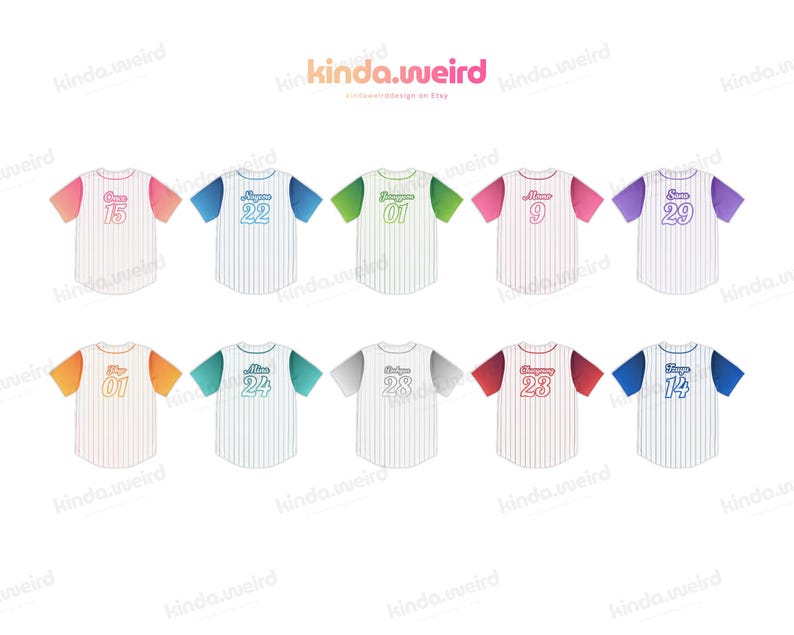 May include: Ten baseball jerseys with different numbers and colors. The jerseys have a striped pattern and the numbers are in a retro font. The jerseys are all in a row on a white background.