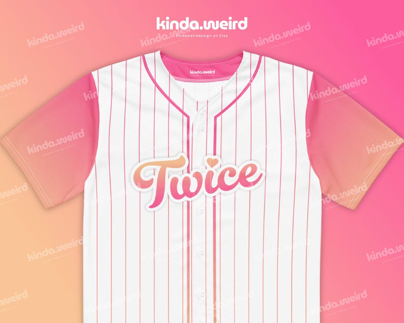 May include: White baseball jersey with pink stripes and the word "Twice" in a pink and orange gradient on the front. The jersey has a pink and orange ombre design on the sleeves.