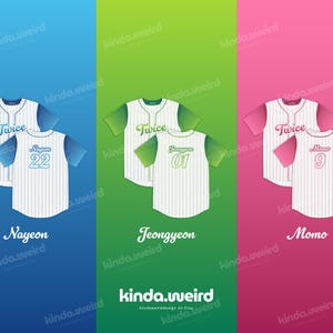 May include: Three baseball jerseys with white and blue stripes. The jerseys have the word "Twice" printed on the front, and the numbers "22", "01", and "9" printed on the back. The jerseys are on a blue, green, and pink background.
