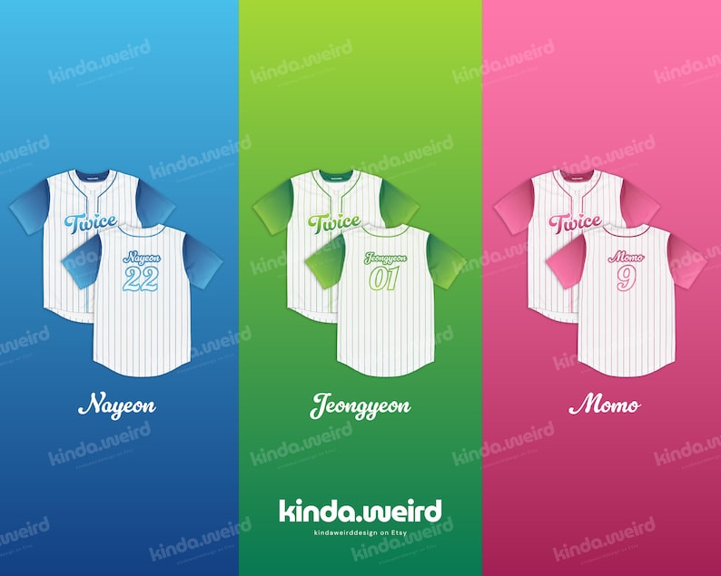 May include: Three baseball jerseys with white and blue stripes. The jerseys have the word "Twice" printed on the front, and the numbers "22", "01", and "9" printed on the back. The jerseys are on a blue, green, and pink background.