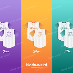 May include: Three baseball jerseys with the word "Twice" on the front and a number on the back. The jerseys are white with purple, orange, and blue accents. The names Sana, Jihyo, and Mina are printed below each jersey.