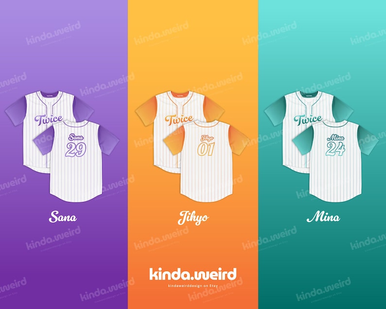May include: Three baseball jerseys with the word "Twice" on the front and a number on the back. The jerseys are white with purple, orange, and blue accents. The names Sana, Jihyo, and Mina are printed below each jersey.