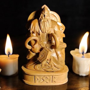 Thor Statue Mjollnir Ragnarok Norse Gods Wood Carving Altar Heathen Asatru Viking God Sculpture Wooden Scandinavian Pantheon Thor Viking God