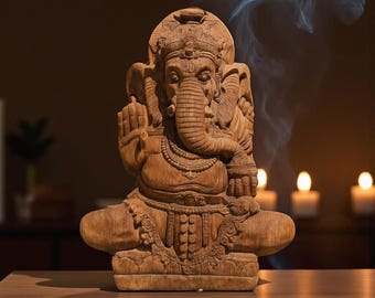 Lord Ganesha Sitting Ganesh Statue Hindu Elephant God Good Luck God Wooden Ganesh Altar Hindu God Sculpture Wood Carving Ganesha Sculpture