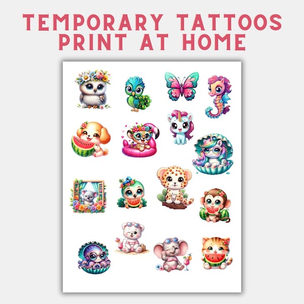 Print at Home Kid's Temporary Tattoo | Animals Fake Tattoo | Removable Tattoo | Cat Temporary Tattoos | Temp Tattoos | Butterfly | Puppy