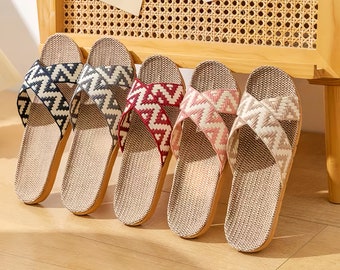 Handmade 100 Linen Slipper, Unisex Comfortable Slide Slippers, Minimalist Slipper, Slipper Gift, Slippers Women, Linen Rattan Slippers Gift