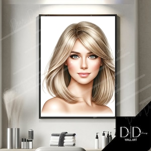 Hair Model, Hairdressers Wall Art Poster | Blonde Hair, Cut Blow dry Image | Hair Stylists Tools | DIGITAL Printable Art High Quality 300dpi