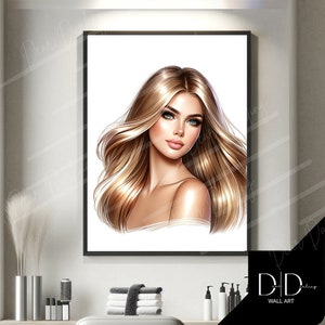 Hair Model, Hairdressers Wall Art Poster | Blonde Hair, Cut Blow dry Image | Hair Stylists Tools | DIGITAL Printable Art High Quality 300dpi