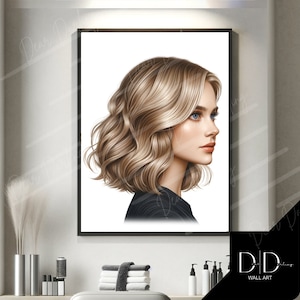 Hair Model, Hairdressers Wall Art | Blonde Highlights Hair, Cut Blow dry Image | Hair Stylists Tools | DIGITAL Printable Art High Quality