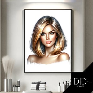 Hair Model, Hairdressers Wall Art | Blonde Highlights Hair, Cut Blow dry Image | Hair Stylists Tools | DIGITAL Printable Art High Quality