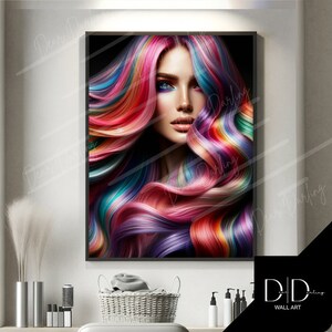 May include: A woman with long, flowing hair in shades of pink, purple, blue, green, and red. The hair is styled in loose waves and curls, creating a vibrant and colorful image.
