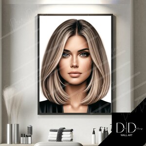 Hair Model, Hairdressers Wall Art | Blonde Highlights Hair, Cut Blow dry Image | Hair Stylists Tools | DIGITAL Printable Art High Quality