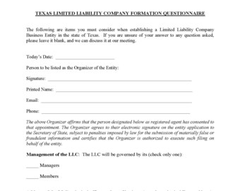 Frågeformulär för advokat vid bildandet av Texas Limited Liability Company