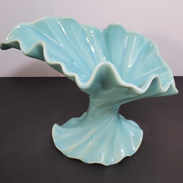 Vintage Aqua  Art Deco Swirled Ruffled Ceramic Vase -Possibly Haeger