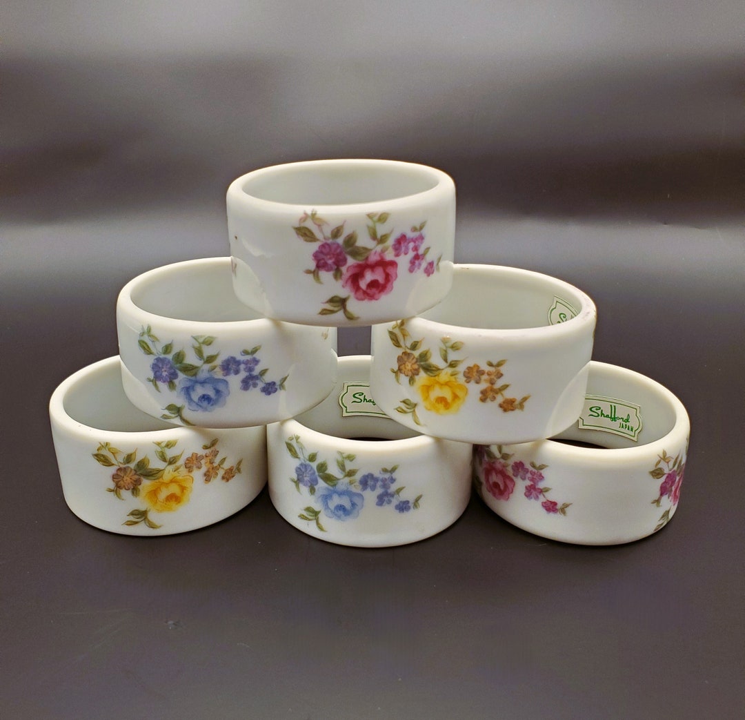 Vintage Set of 6 Porcelain Shafford Japan Napkin Rings in Pink, Yellow ...