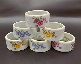 Vintage Set of 6 Porcelain Shafford Japan Napkin Rings in Pink, Yellow, and Blue Flowers