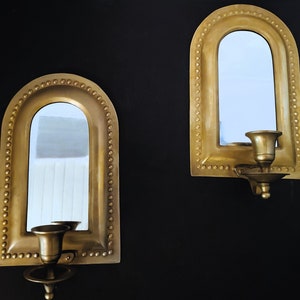 Vintage Arched Brass Mirror Candle Sconce Pair