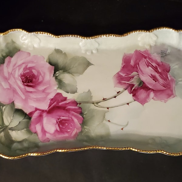 Vintage Hand-Painted Rose Vanity Tray/Plate by Evelyn Vark