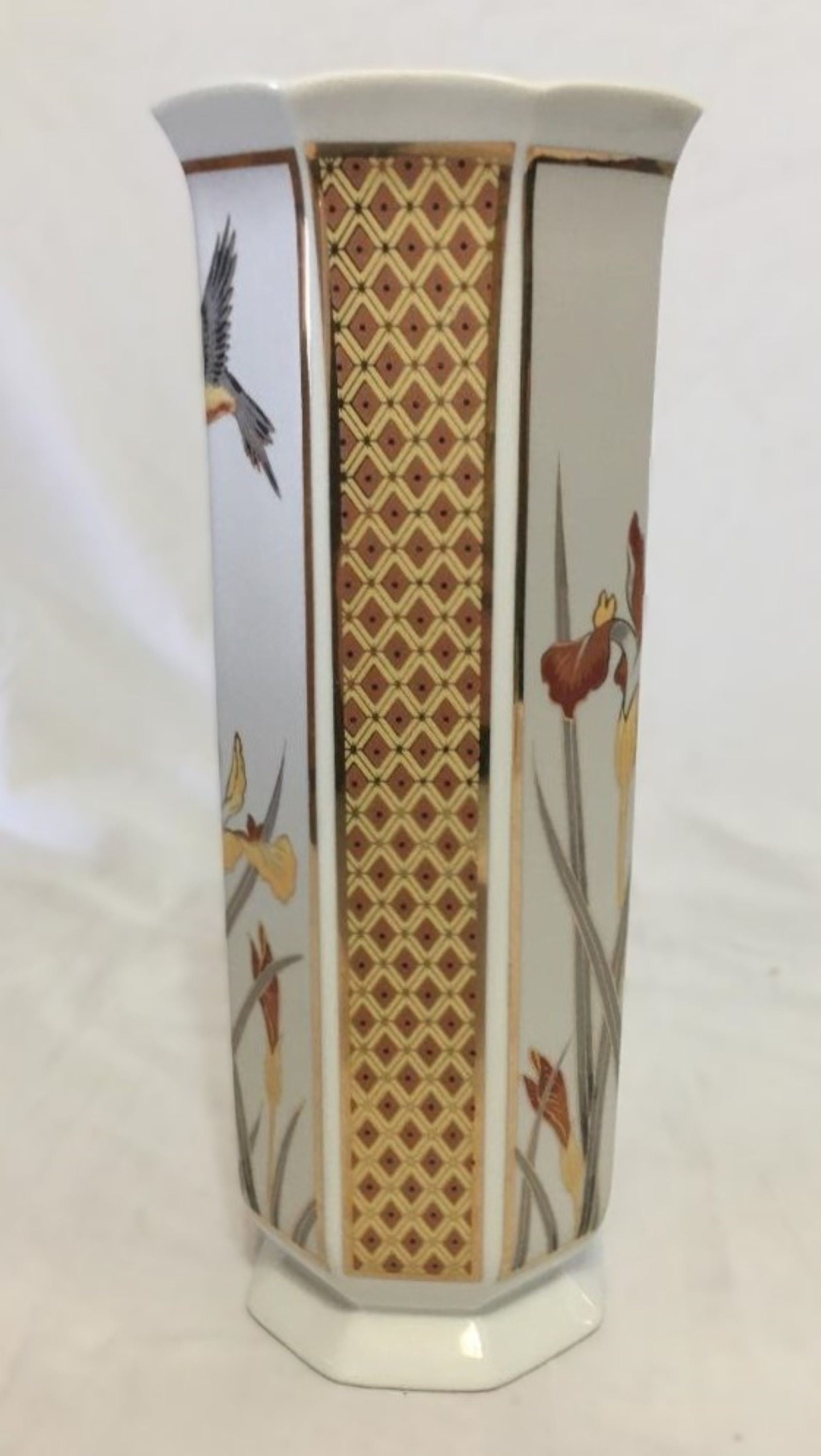 cune 花瓶 Golden Chokin Art Vase 1987 With Irises and Hummingbird Made