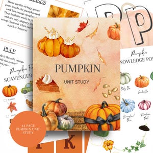 Peut inclure: Illustration à l'aquarelle d'une étude sur le thème de la citrouille. La couverture présente des citrouilles oranges avec de la crème fouettée, une part de tarte à la citrouille et des feuilles qui tombent. Le titre "Pumpkin Unit Study" est affiché.