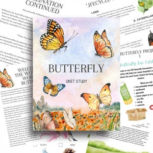 Può includere: Uno studio unitario sulle farfalle colorato con illustrazioni di farfalle, fiori e foglie. Il testo include "Butterfly" e "Unit Study".
