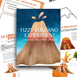 Può includere: Un'illustrazione colorata di un vulcano in eruzione con un flusso di lava arancione frizzante. Il testo "Let's Make a Volcano" e "Fizzy Volcano Experiment" è presente nell'immagine. Un'attività scientifica STEM per bambini curiosi.